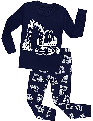 CM-Kid Baby Jungen Langarm Schlafanzug Kinder Pyjama Set Baumwolle Warm Winter 2 3 Jahre Fluoreszenz Bagger Dunkelblau Gr.98 von CM-Kid