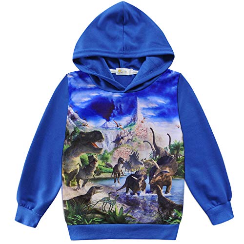 CM-Kid Hoodie Jungen Langarmshirt Kapuzenpullover Kinder Sweatshirt 3D Frühling Herbst 7 8 Jahre Dinosaurier Blau Gr.128 von CM-Kid