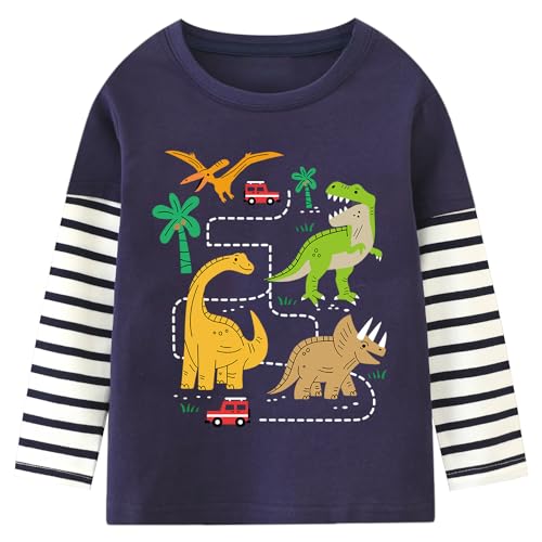 CM-Kid Jungen Langarmshirt Langarm Shirts Kinder Pullover Tops 3 4 Jahre Dinosaurier Dunkelblau Gr.104 von CM-Kid