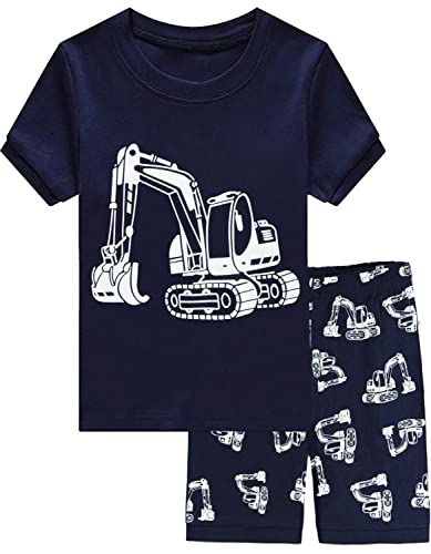 CM-Kid Jungen Pyjamas Kurzarm Kinder Shorty Schlafanzug Set Sommer 2 3 Jahre Fluoreszenz Bagger Dunkelblau Gr.98 von CM-Kid