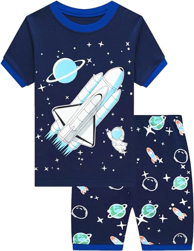 CM-Kid Jungen Pyjamas Kurzarm Kinder Shorty Schlafanzug Set Sommer 2 3 Jahre Fluoreszenz Rakete Dunkelblau Gr.98 von CM-Kid