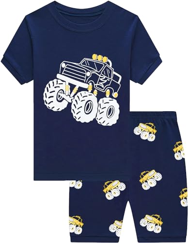 CM-Kid Jungen Pyjamas Kurzarm Kinder Shorty Schlafanzug Set Sommer 2 3 Jahre Fluoreszenz Truck Dunkelblau Gr.98 von CM-Kid