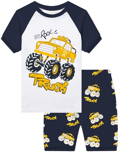 CM-Kid Jungen Schlafanzug Set Kurzarm Kinder Raglan Pyjamas Shorty Sommer 4 5 Jahre Truck Dunkelblau Weiß Gr.110 von CM-Kid