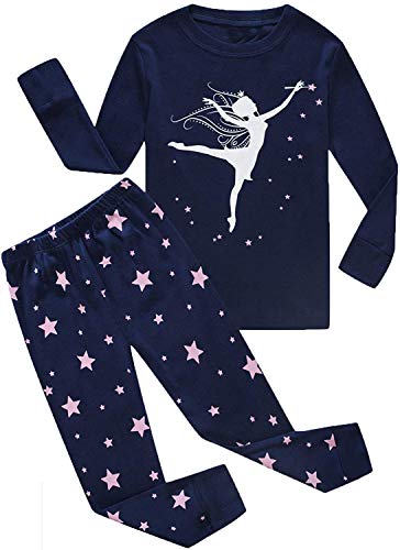 CM-Kid Schlafanzug Mädchen Lang Kinder Pyjama Set Baumwolle 4 5 Jahre, 1# Fluoreszenz Tanzendes Mädchen Dunkelblau, Gr.110 von CM-Kid