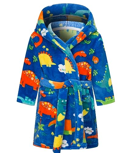 CM-Kid Nachtwäsche Jungen Nachthemd Flanell Bademäntel Kinder Pyjamas mit Kapuze Warm 3 4 Jahre Blau Dinosaurier Gr.98 von CM-Kid
