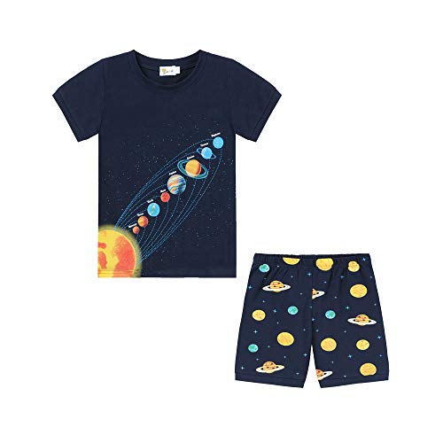 CM-Kid Pyjamas Jungen Kurz Kinder Schlafanzug Set Sommer Baumwolle 6 7 Jahre Planet Dunkelblau Gr.122 von CM-Kid