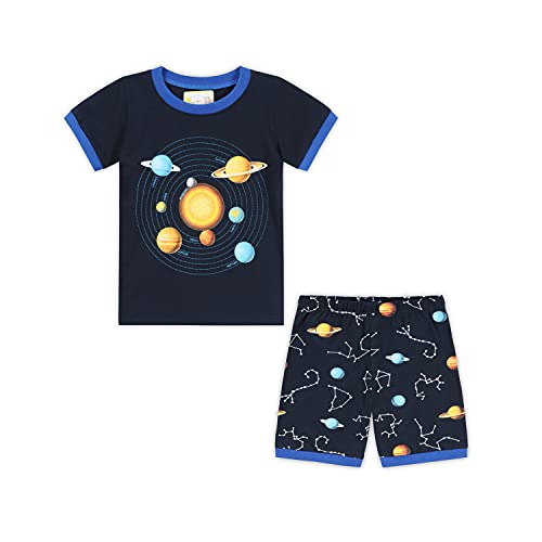 CM-Kid Schlafanzug Jungen Kurzarm Kinder Shorty Pyjama Set Sommer Baumwolle 5 6 Jahre Planet Dunkelblau Gr.116 von CM-Kid