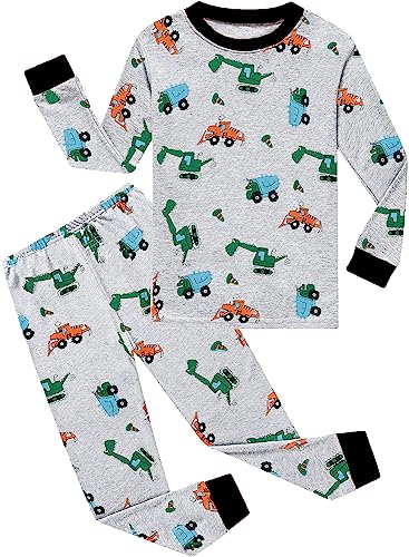 CM-Kid Schlafanzug Jungen Lang Kinder Pyjama Set Baumwolle Warm Herbst Winter 6 7 Jahre Bunt Bagger Grau Gr.122 von CM-Kid