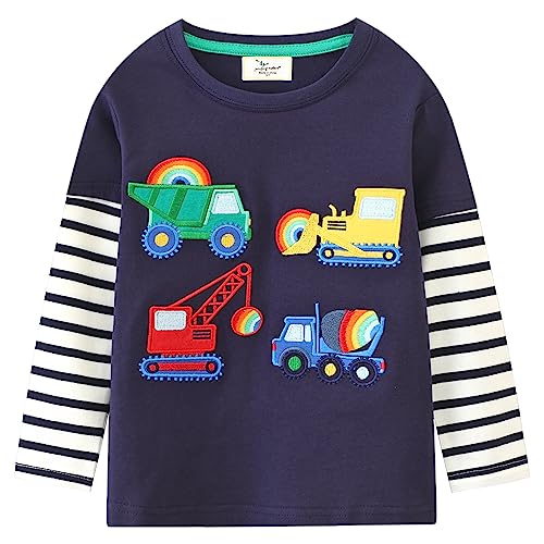 Jungen Langarmshirt Langarm Shirt Kinder Pullover Bulldozer Tops 3 4 Jahre Bagger Truck Dunkelblau Gr.104 von CM-Kid