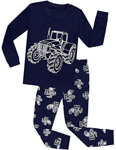 CM-Kid Schlafanzug Jungen Lang Kinder Pyjama Set Baumwolle Warm Herbst Winter 3 4 Jahre Fluoreszenz Traktor Dunkelblau Gr.104 von CM-Kid