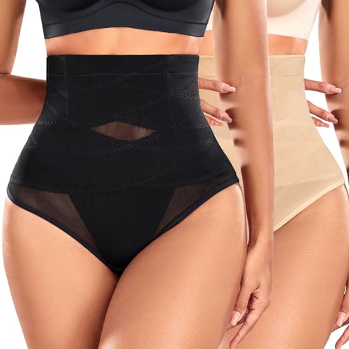 CMTOP Bauchweg Unterhose Damen, Stark Formend Shapewear Miederslip, Nahtlos Body Shaper String Hoher Taille Figurformende Tanga Bequem und Atmungsaktiv Shaping Unterwäsche(Schwarz + Beige, S) von CMTOP