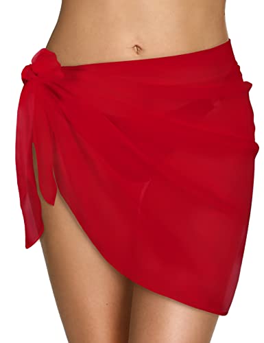 CMTOP Damen Strand Wrap Sarong Vertuschung Chiffon Badeanzug Kurz Bikini Cover up Wickelröcke Sexy Pareos Strandkleider zum Tragen über Badeanzügen(rot,Einheitsgröße) von CMTOP