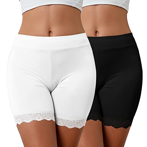 CMTOP Damen Unterhose Unter Rock Kurz Radlerhose Boxershorts Anti-Chafing Spitzen Shorts Hohe Taille Panty Hipster Unterwäsche(schwarz+weiß,XL) von CMTOP