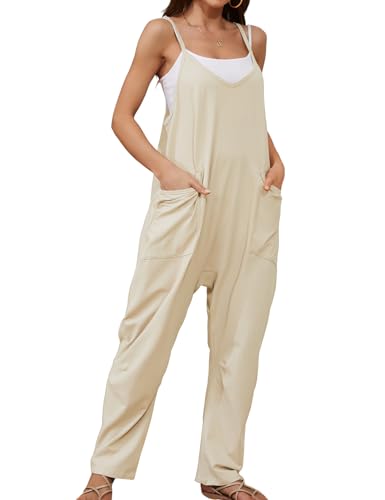 CMTOP Jumpsuit Damen Sommer Lässig V Ausschnitt Baggy Rompers Ärmelloser Latzhosen mit Große Taschen Spaghetti Strap Trägerhose Loose Beiläufig Sommer Strampler(Khaki,M) von CMTOP