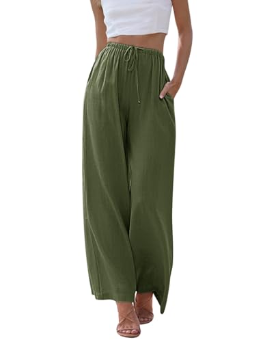 CMTOP Leinenhose Damen Sommer Hohe Taille Freizeithose mit Taschen Elastische Flowy Weite Hose mit Kordelzug Elegant Streetwear für Mädchen(Militärgrün,M) von CMTOP