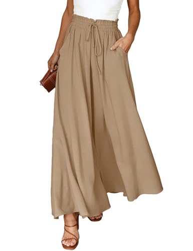 CMTOP Sommerhose Damen Leicht Lässige Palazzo Hose Elastisch Hohe Taille Freizeithose mit Taschen Kordelzug Baggy Schlaghose Elegante Business Hosen(Khaki,XL) von CMTOP