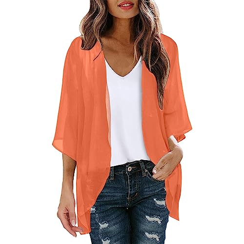 Damen Sommer Chiffon Kimono Cardigan Leicht Casual 3/4 Ärmel Beachwear Bikini Cover Up Strickjacke Einfarbige Leichte Sommerjacke Strand Shawl Bluse Oberteil Tops Offene Front Jacke für Sommer von CNNBYYDS