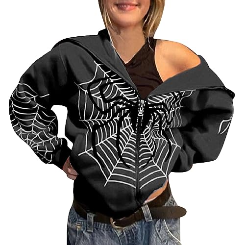 Damen Zip Up Hoodie Sweatjacke Damen mit Kapuze Vintage Hoodies Goth Skeleton Graphic Oversized Kapuzenpullover Sweatshirt Jacke mit Kapuzen Mantel Outwear Teenager Mädchen 90er E-Girl (E-Black, L) von CNNBYYDS