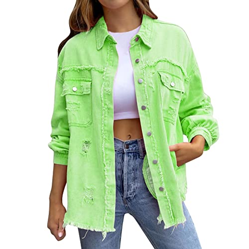 Jeansjacke Damen Lang Sommer Oversize Jeansjacken für Damen Langarm Bomberjacke mit Revers übergangsjacke Vintage Jean Mantel Jacke Casual Waschung Ripped Denim Jacken Outwear Damen-Jacken Jeanshemd von CNNBYYDS