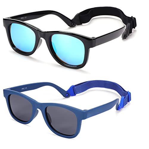 COASION Baby Kinder Polarisierte Sonnenbrille UV400 Schutz Silikon Rahmen mit Sonnenbrille für Baby 0-24 (C7* Schwarz/Blauer Spiegel + Dunkelblau/Grau - 2er Pack) von COASION