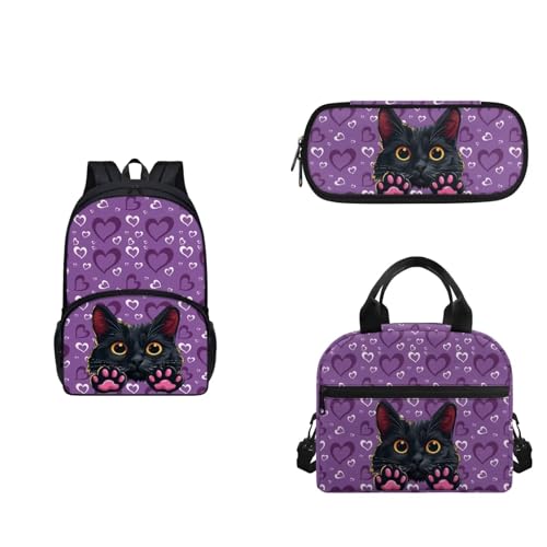 COEQINE 6-8 Mädchen Rucksack Set Gurt Lunchbox und Federmäppchen 3 Stück Tragbare Lunchtasche für Mittelschule, Niedliches Katzen-Herz, Violett / Schwarz von COEQINE