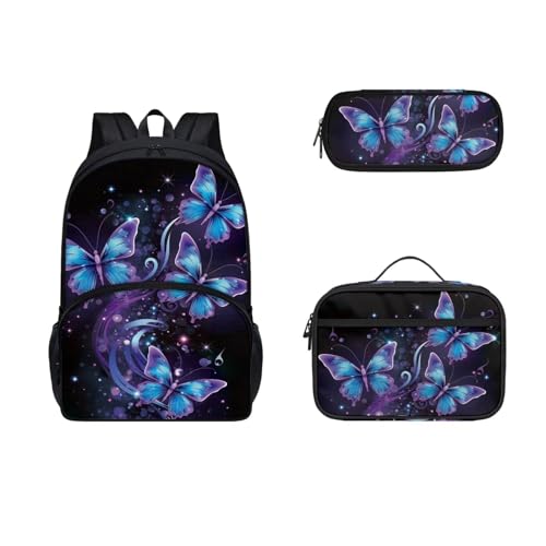 COEQINE Ästhetischer Rucksack für Mädchen, Büchertasche, niedliches Kinder-Büchertaschen-Set mit Lunchbox, Isolierung, großes Fassungsvermögen, Federmäppchen, Neon Schmetterling Blau Schwarz von COEQINE