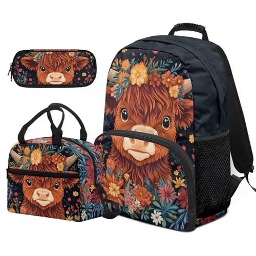 COEQINE Elementary Schulrucksack für Mädchen und Jungen, 8 10 Jahre, 43,2 cm, Büchertasche mit Lunchtasche, Federmäppchen, Laptop-Rucksack, 3 Stück, Highland Cow Floral COEQINE Elementary Schulrucksack für Mädchen und Jungen, 8 10 Jahre, 43,2 cm, Büchertasche mit Lunchtasche, Federmäppchen, Laptop-Rucksack, 3 Stück, Highland Cow Floral von COEQINE