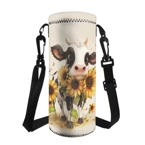 COEQINE Isolierte Sonnenblumen-Wasserflasche mit Tragetasche, niedlicher Kuhmilchdruck, Kinder-Rucksack mit Wasserflaschenhalter, leicht, tragbar, Wasserflaschenhüllen, Tasche mit Kordelzug für Sport von COEQINE