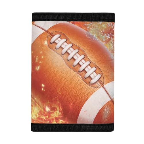 COEQINE Katze Geldbörse Trifold Schwarz für Teens Jungen Geldbeutel Orangizer Mit Münzfach Outdoor Sport Für Reise Zubehör, Rugby 3D Feuerball von COEQINE