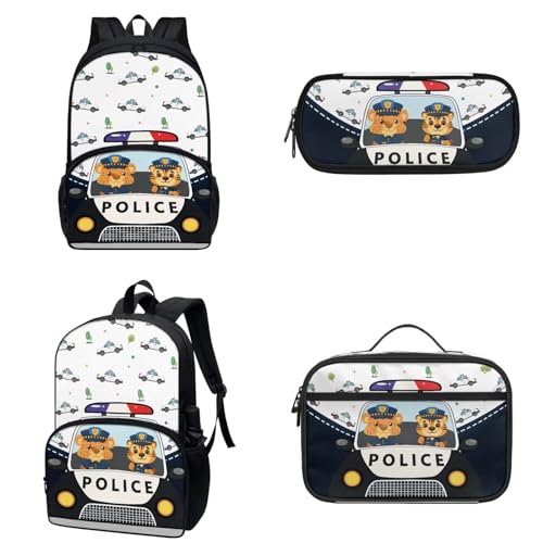 COEQINE Kindergarten-Rucksack für Jungen mit Lunchbox, schwarz, Cartoon-Autos, Federmäppchen mit Stiftlöcher, für Kleinkinder, Jungen von 6–10 Jahren, Polizeiauto Herde Niedliches Tier Leopard Kawaii von COEQINE