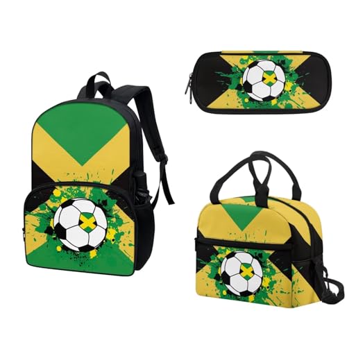 COEQINE Lustiger Wassermelonen-Rucksack, Mädchen, Büchertasche, Lunchbox und Federmäppchen, Teenager, Mädchen, Schule, Tagesrucksack-Set, 3-teilig, Jamaika Socccer Cool Art Muster von COEQINE