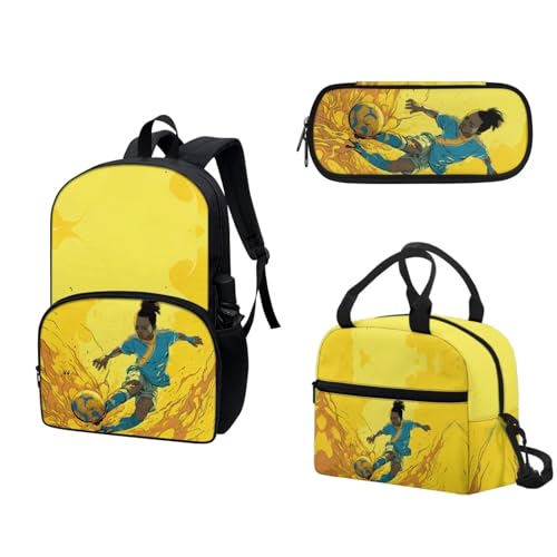 COEQINE Lustiger Wassermelonen-Rucksack, Mädchen, Büchertasche, Lunchbox und Federmäppchen, Teenager, Mädchen, Schule, Tagesrucksack-Set, 3-teilig, Schwarze Mädchen spielen Fußball Gold Cooles Muster von COEQINE