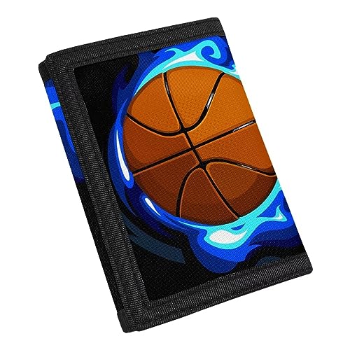 COEQINE Minimalistische Geldbörse für Jungen, Tiergrün Lila Druck, maßgeschneidertes Münzetui, leichtes Kartenfach, Geldorganizer für Kleinkinder, Teenager, Jungen., Basketball Blue Fire von COEQINE