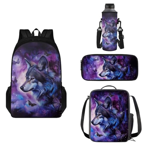 COEQINE Moderne Rucksäcke mit Tiermotiven für Mädchen im Alter von 10–12 Jahren, 4 Stück, Schulrucksack mit Lunch-Taschen, Federmäppchen, Wasserflasche, Galaxie, Wolf, Schmetterling, lila Tier von COEQINE