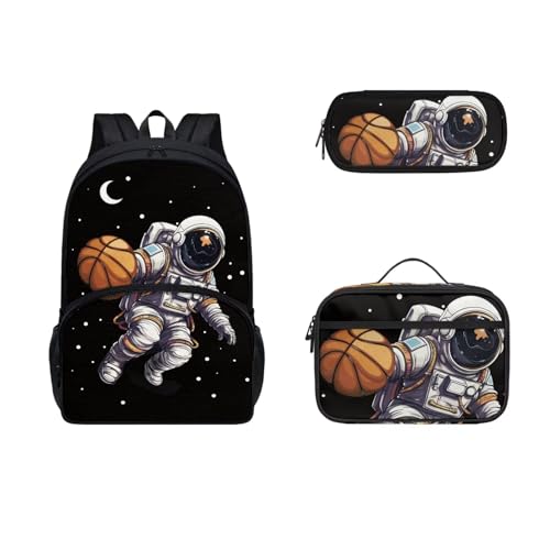 COEQINE Modische Taschen für Jungen im Alter von 6–10 Jahren, 3 Stück, Kleinkinder, Büchertasche, Teenager, Lunchbox, isoliertes Federmäppchen, groß, 3D-Feuerball, Basketball Astronaut schwarz von COEQINE
