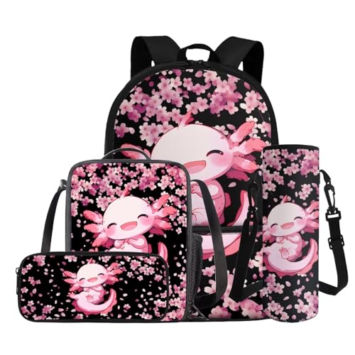 COEQINE Niedlicher Tier-Rucksack für Mädchen, 6, 8, 10, Kinder, Schul-Büchertasche mit Lunchbox, Federmäppchen, Wasserflaschenhalter, Set, 4-in-1, Kawaii Axolotl Kirschblüte COEQINE Niedlicher Tier-Rucksack für Mädchen, 6, 8, 10, Kinder, Schul-Büchertasche mit Lunchbox, Federmäppchen, Wasserflaschenhalter, Set, 4-in-1, Kawaii Axolotl Kirschblüte von COEQINE