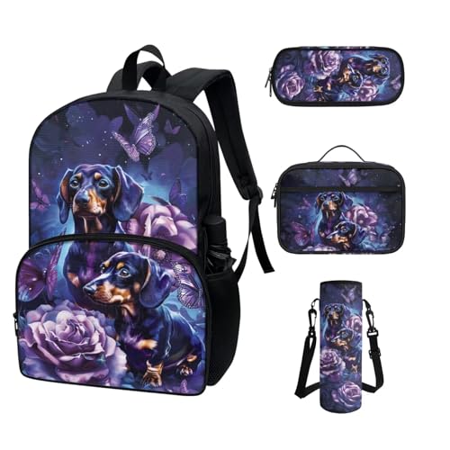 COEQINE Rucksack für Kleinkinder, Mädchen, Jungen, cooles Cartoon-Autos, Schulrucksack-Set für Kinder, Lunchbox, Federmäppchen, tragbare Flasche, Lila Rose Dackel Hunde Schmetterling von COEQINE