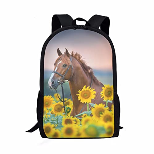 COEQINE Schulrucksack, Schulrucksack, für Jungen und Mädchen, verstellbare Schultergurte, Laptop-Tagesrucksack,Kinder, Erwachsene, Reisen, Schule, Bibliothek, Klettern, Outdoor, Sonnenblume mit Pferd von COEQINE