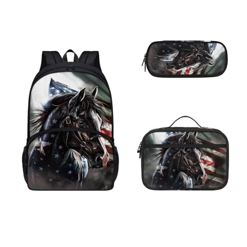 COEQINE Tier-Rucksack und Lunchbox-Set für Jungen und Kleinkinder, 3–6 Jahre, Büchertasche, Lunchbox, Grundschulrucksack mit Federmäppchen, Black Horse Amerikanische Flagge von COEQINE