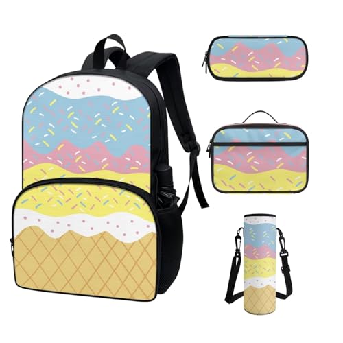 COEQINE Vorschulrucksäcke für Mädchen in der Mittelschule, mit Lunchbox und Federmäppchen, Wasserflasche für Mädchen von 6–8 Jahren, Kawaii-Eiscreme-Muster von COEQINE