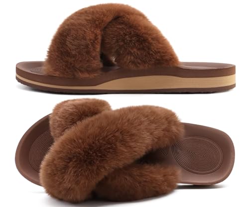 COFACE Damen Hausschuhe Plüsch Fell Latschen Gemütliche Flauschige Kunstpelz Open Toe Flip Flop Frauen Bequeme Memory Foam Schlappen Fur Slides Rutschfeste Indoor/Outdoor von COFACE