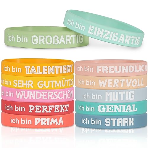 COLOFALLA 12 Stk Motivationsarmbänder auf Deutsch mit Inspirierenden Sprüchen Silikon Armbänder Mutmacher Geschenke Party Mitgebsel Accessoires für Teenager Kinder Schüler Studenten (A) von COLOFALLA