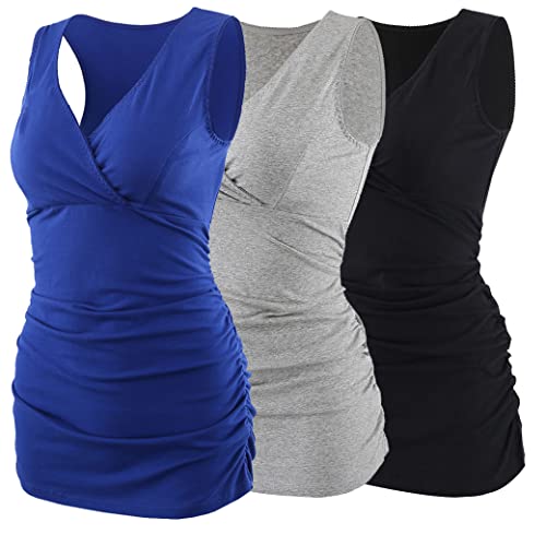 COLOMI Damen Umstandsoberteile Ärmellos Stillshirt Umstandsshirt V-Neck Nursing Tops Umstandsmode (Black+Grey+Blue/3Pack, S) von COLOMI