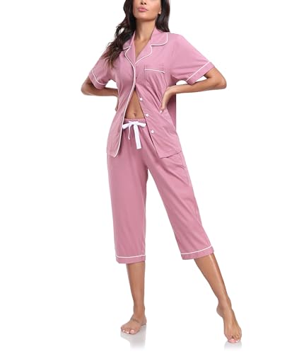 COLORFULLEAF 100% Baumwolle Damen Schlafanzug Sommer Kurz Zweiteiliger Pyjama Kurzarm Top und 3/4 Lange Capri Hose Nachtwäsche Set mit Knopf(Düstere Rose,2XL) von COLORFULLEAF