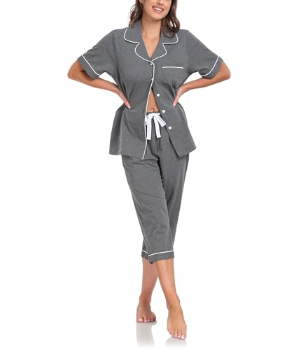 COLORFULLEAF 100% Baumwolle Damen Schlafanzug Sommer Kurz Zweiteiliger Pyjama Kurzarm Top und 3/4 Lange Capri Hose Nachtwäsche Set mit Knopf(Dunkelgrau,M) von COLORFULLEAF