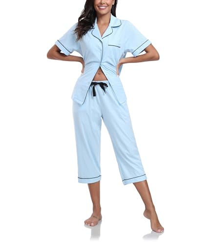 COLORFULLEAF 100% Baumwolle Damen Schlafanzug Sommer Kurz Zweiteiliger Pyjama Kurzarm Top und 3/4 Lange Capri Hose Nachtwäsche Set mit Knopf(Hellblau,M) von COLORFULLEAF