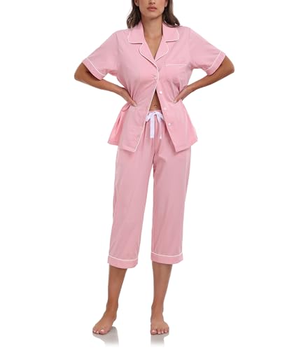 COLORFULLEAF 100% Baumwolle Damen Schlafanzug Sommer Kurz Zweiteiliger Pyjama Kurzarm Top und 3/4 Lange Capri Hose Nachtwäsche Set mit Knopf(Rosa,2XL) von COLORFULLEAF