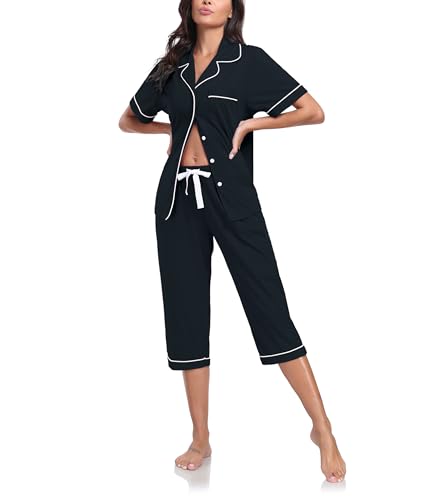 COLORFULLEAF 100% Baumwolle Damen Schlafanzug Sommer Kurz Zweiteiliger Pyjama Kurzarm Top und 3/4 Lange Capri Hose Nachtwäsche Set mit Knopf(Schwarz,2XL) von COLORFULLEAF