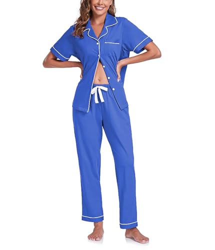 COLORFULLEAF 100% Baumwolle Damen Schlafanzug mit Knopfleiste Nachtwäsche Pyjama Set Zweiteiliger Kurzarm Lange Hose Hausanzug(Blau L) von COLORFULLEAF