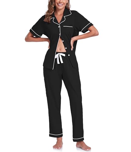 COLORFULLEAF 100% Baumwolle Damen Schlafanzug mit Knopfleiste Nachtwäsche Pyjama Set Zweiteiliger Kurzarm Lange Hose Hausanzug(Schwarz M) von COLORFULLEAF